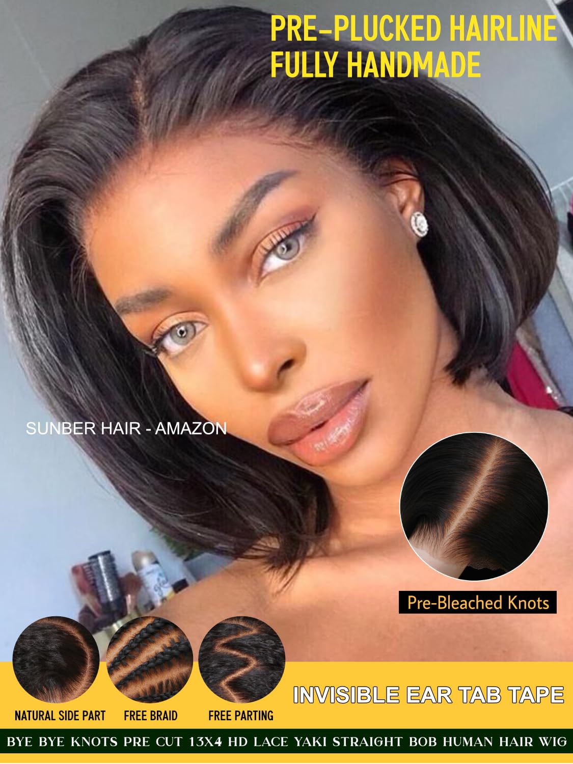 Sunber Glueless Yaki Straight Bob Wigs Pre Plucked Pre Bleached Bye Bye Knots Human Hair Wig Natural Black Pre Cut 7x5 Lace 150% Density Put On Go Pre Bleached Invisible Knots 10Inch