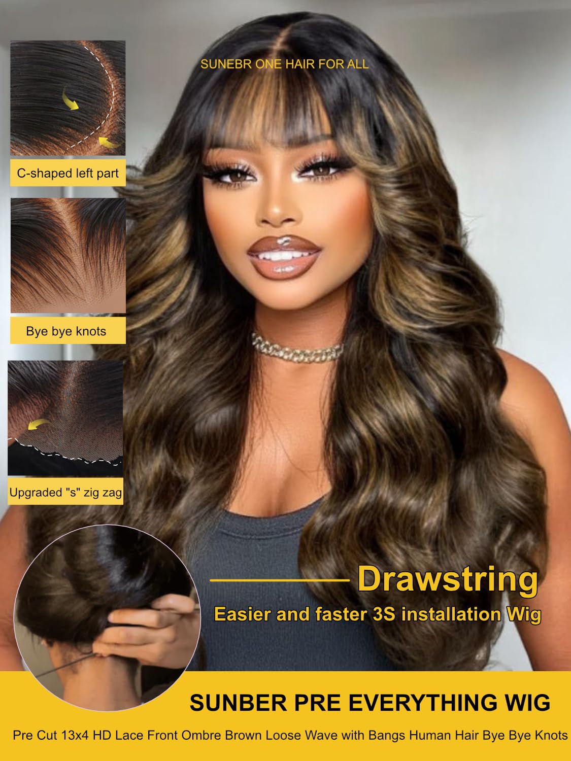 Sunber Ombre Brown Loose Body Wave With Bangs Pre Everything Glueless 13x4 HD Lace Front Human Hair Wig 180% Density Highlight Balayage Pre cut Lace Pre Plucked Bye Bye Knots Drawstring Wig 20Inch