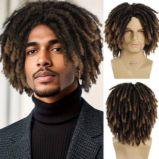 GNIMEGIL 14 Inch Short Dreadlocks Wig For Man Afro Bob Ombre Light Brown Crochet Twist Hair Braided Wigs Natural Synthetic Hair Breaking Street Dance Breathable Cap Net