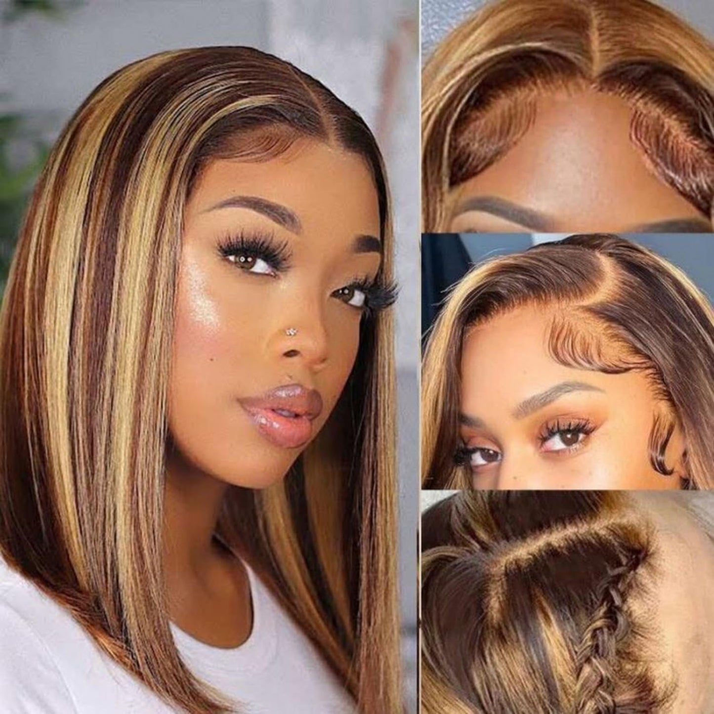 14 Inch Brazilian Straight Hair P4/27 13x4 Lace Front Bob Wig Human Hair 13x4 HD Transparent Lace Frontal Wigs Human Hair 180% Density Highlight Ombre Bob Wigs for Women Glueless Pre Plucked Wig.