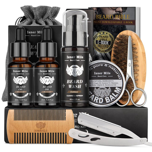 Isner Mile Beard Kit for Men, Grooming & Trimming Set with Beard Shampoo Wash, Beard Oil, Balm, Brush, Comb, Scissors & Storage Bag, Birthday Gifts Valentines Day Gifts for Him Dad Men Boyfriend