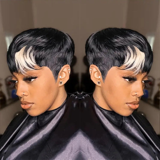 PurpleSexy Pixie Cut Human Hair Wigs for Black Women 1b/613 Blonde Color Daily Use Color Chic Elegent Glueless Short Layered Pixie Cut Wigs With Bangs Natural Looking for Summer