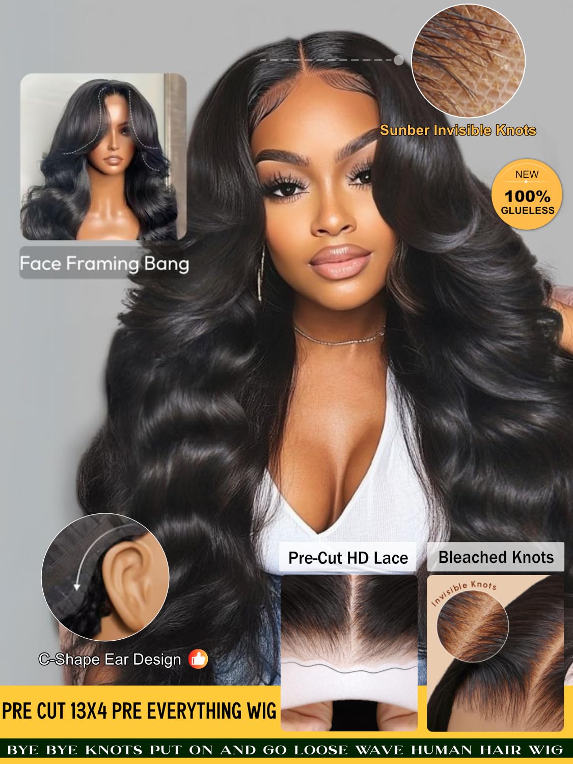 Sunber 13x4 HD Lace Loose Wave Human Hair with Drawstring Wig Upgrade 3D Cap Bye Bye Knots Pre Cut13X4 Lace Front Put On and Go 3S Wear Glueless Wigs Pre Plucked Pre Bleached Invisible Knots 16Inch