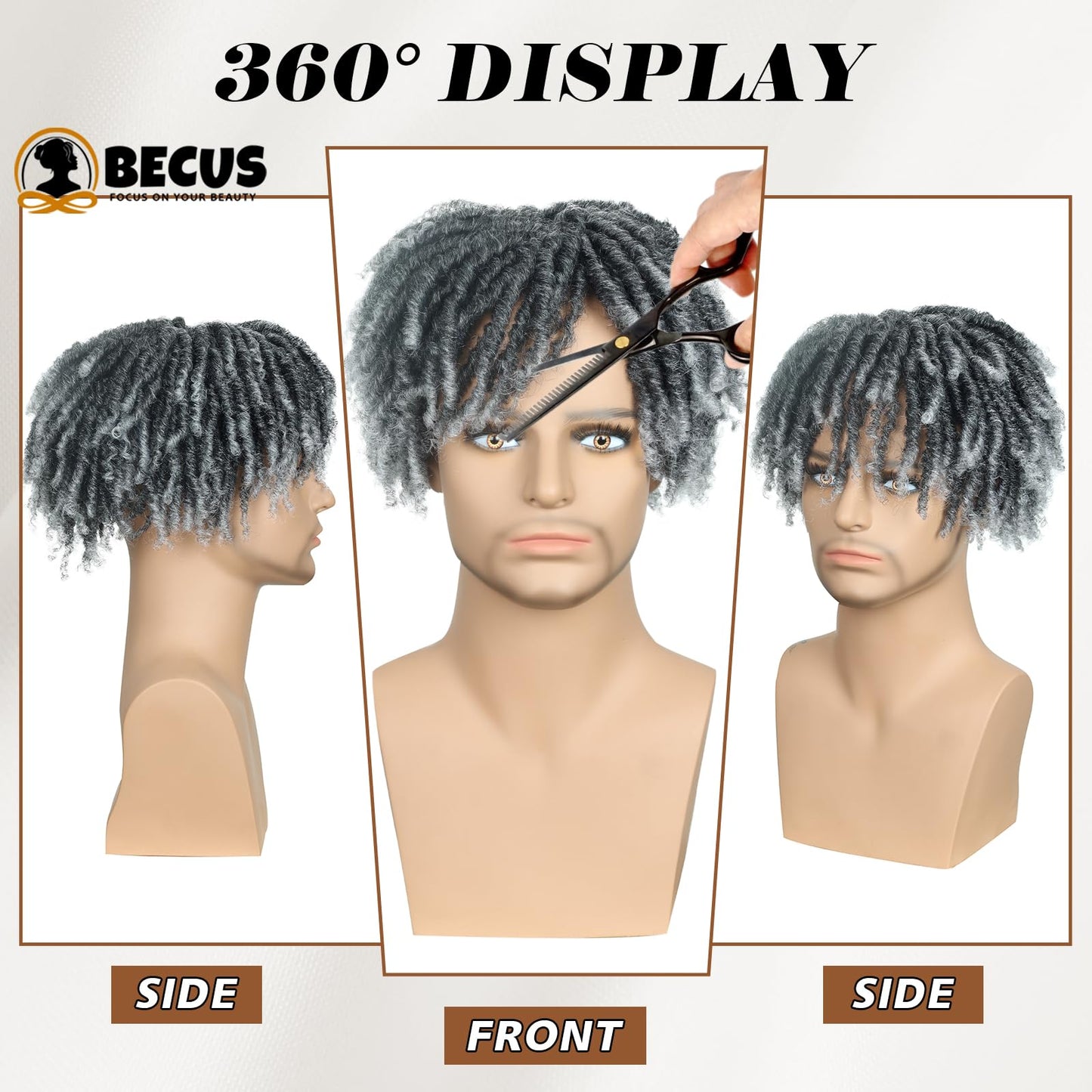 BECUS Hair topper Dreadlock Toupee Afro Fake Dreads Dread Lock Topper Toupee Hair for Men and Black Women Braids Braided Dreadlocks Afro Curly Synthetic Hairpieces Party Halloween(Gray)