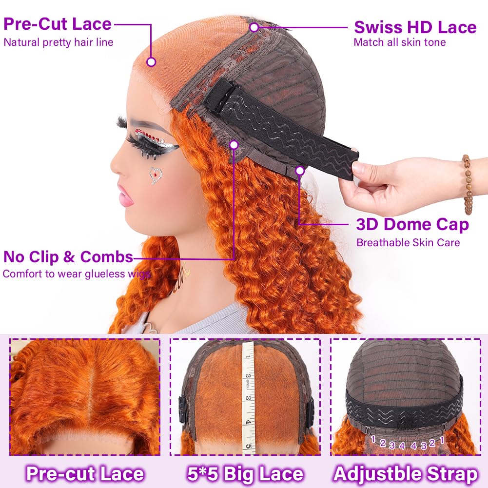 UCUVIC Glueless Wigs Human Hair Pre Plucked Pre Cut Wear And Go Curly 5x5 Deep Wave Bob Wig Human Hair Lace Front Closure Wigs For Black Women 200 Density Curly Wig Glueless Wear And Go Ginger 14 Inch