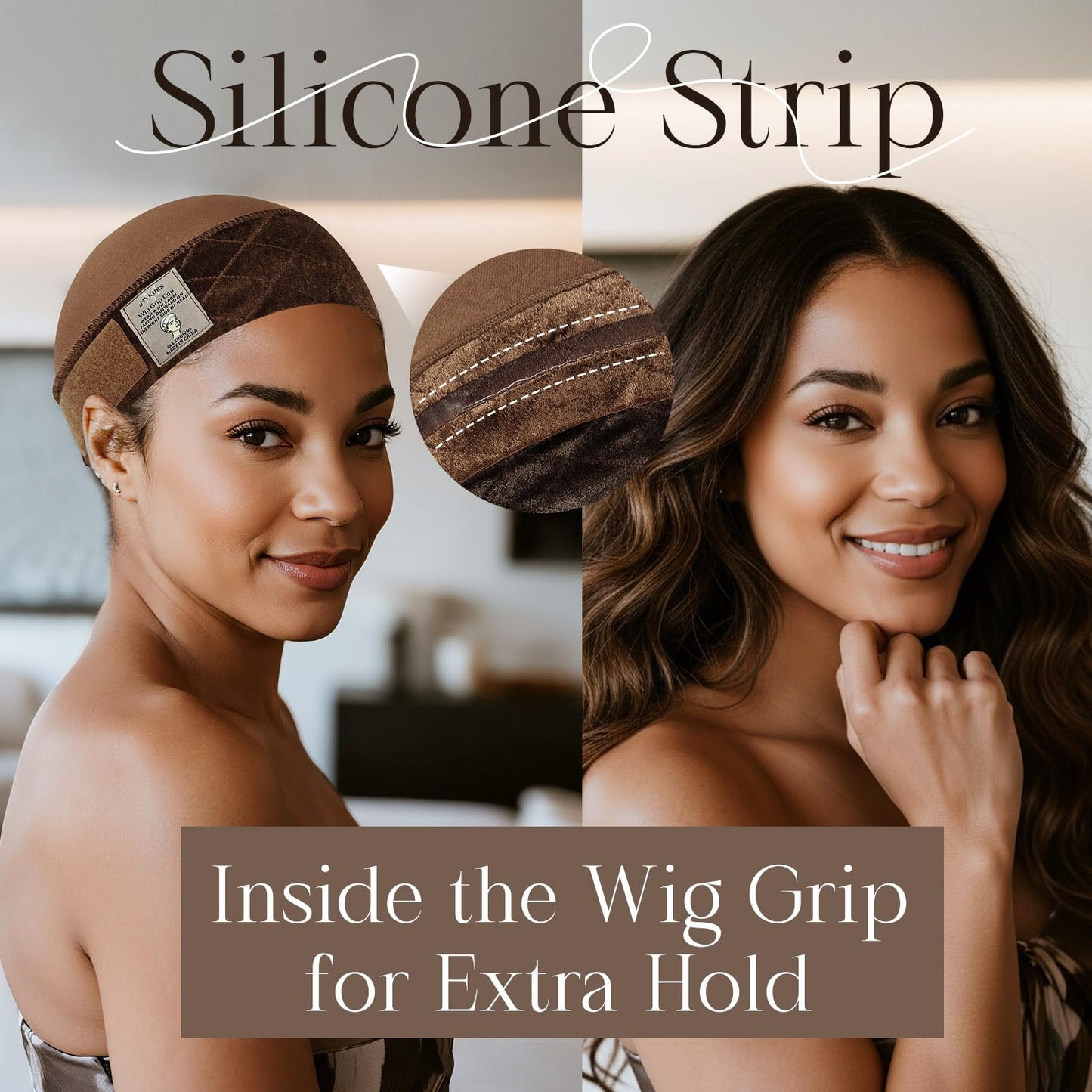 MYKURS Wig Grip Cap with Silicone Strip Non Slip, 2-in-1 Soft Wig Caps to Hold Wig in Place, Brown 2 PCS