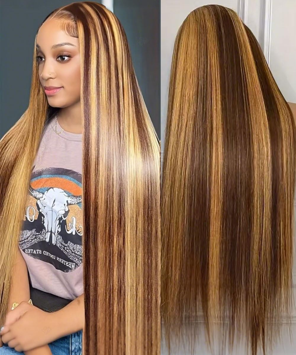 WOOMN 34 Inch Honey Blonde Ombre Lace Front Wig Human Hair 200 Density 13x6 HD Lace Frontal Wigs Pre Plucked Highlight Brown 4/27 Colored Straight Wigs Human Hair Pre Plucked Tangle-Free