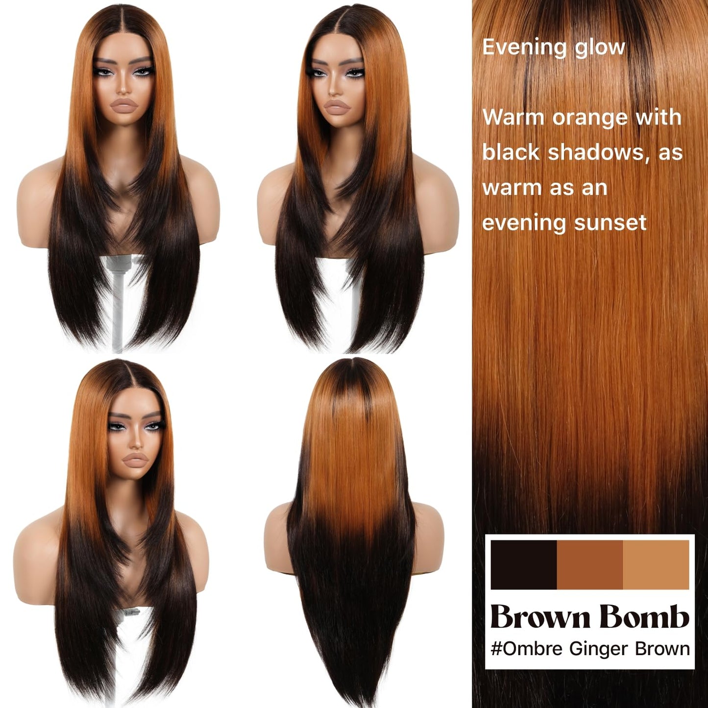 Brownbomb Ombre Orange Black Wear and Go Glueless Wigs Pre Plucked Pre Cut for Beginners Synthetic Lace Front Wigs With Bangs Long Straight layered Wigs HD Lace 26 Inch 3 Seconds to Wear for Beginners