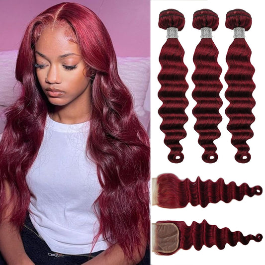 Beaushine Loose Deep Wave Human Hair 3 Bundles with 4x4 hd Lace Closure-18,20,22+18inch 10A Brazilian Loose Deep Wave Bundles Human Hair, 99j Burgundy/Wine Red Color Sew in Quick Weave Hair Extension