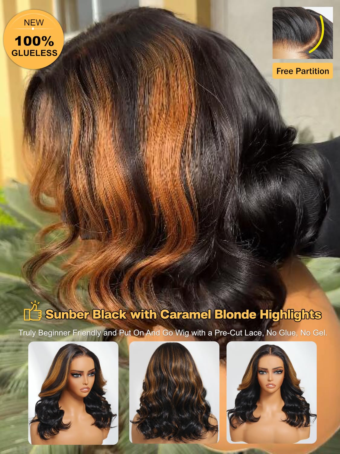 Sunber Bye Bye Knots 7x5 Lace Black with Caramel Blonde Highlights Body Wave Glueless Wigs Pre Everything Pre Cut 7x5 Lace Front Pre Plucked Pre Bleached Knots 150% Density 26Inch Put On and Go Wig