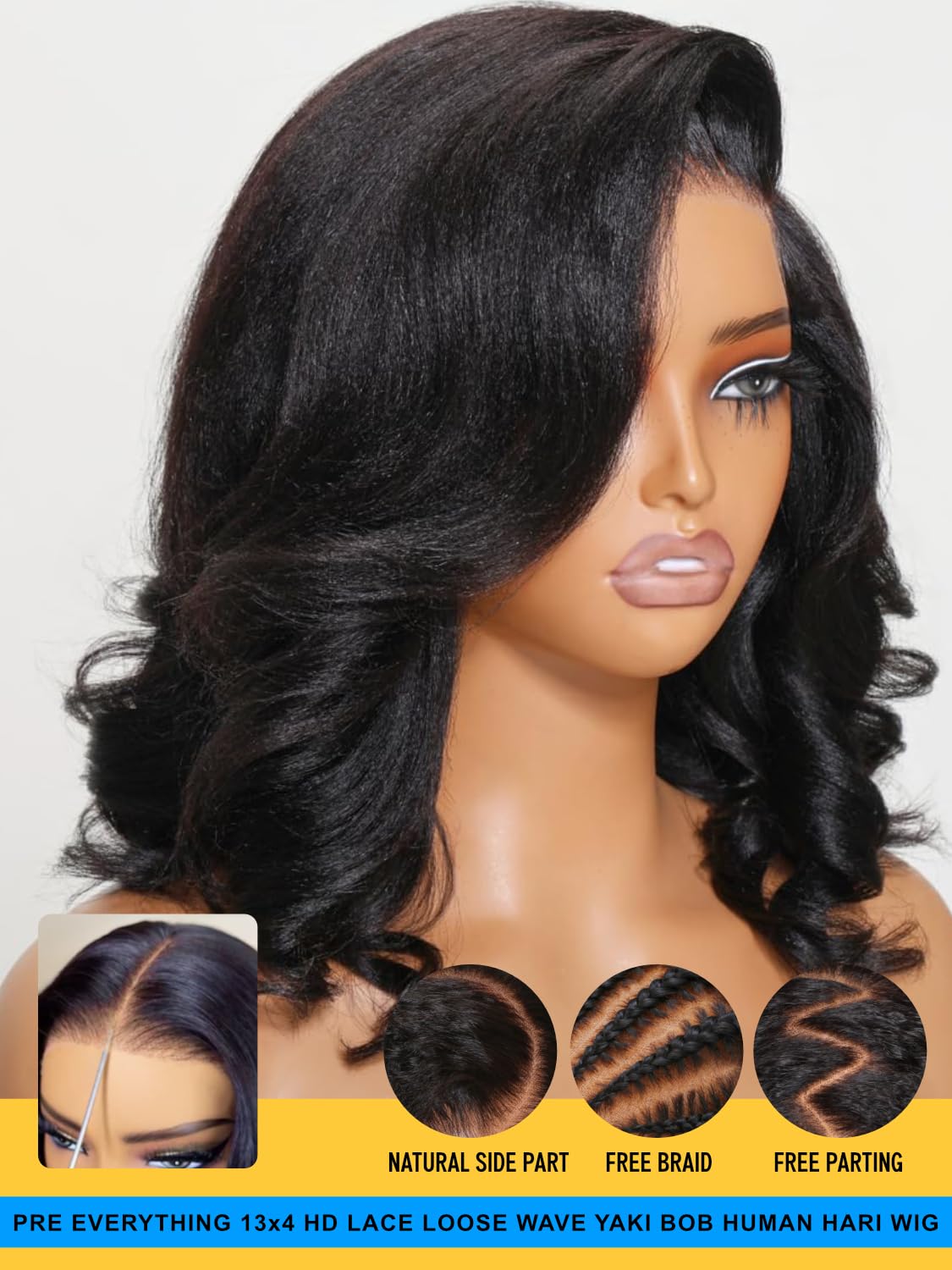 Sunber Put On and Go Glueless Light Yaki Loose Wave Bob Human Hair Wigs Pre Plucked Pre Bleached Human Hair Bye Bye Knots Pre Cut 13x4 HD Lace Front Lace with Elastic Drawstring Pre Everything 10Inch