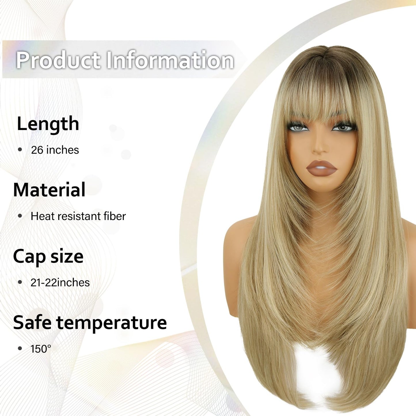 NOVFLKW Ombre Blonde Long Straight Layered Wig with Bangs for Women 26 inch Dark Root to Blonde Put on Go Realistic Synthetic Heat Resistant Natural Wig for Girls Party Cosplay and Daily Use
