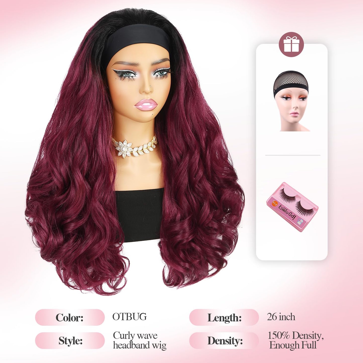 Quantum Love Yaki Curly Headband Wigs for Black Women Kinky Straight Ombre Red Headband Curly Ends 26inch Synthetic Wear and Go Glueless half Wig with Headbands Attached