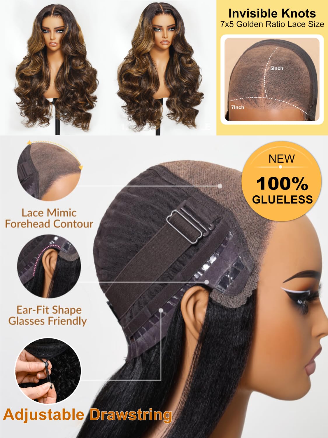 Sunber Ombre Highlight Brown Body Wave Human Hair Glueless Balayage Wigs Pre Cut 7x5 HD Lace Front with Elastic Drawstring 150% Density Put On and Go Pre Plucked Pre Bleached Invisible Knots 24Inch