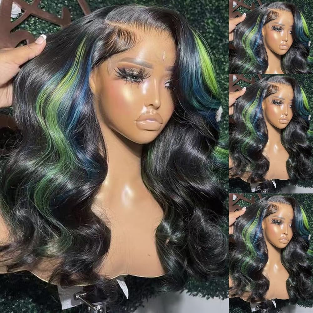 SISIFIRE Blue Green Highlight Lace Front Wigs for Women Pre-plucked Hairline Glueless 13X4 Inch Synthetic Lace Front Wig with Baby Hair Long Loose Body Wave Wigs for Daily Party Wig