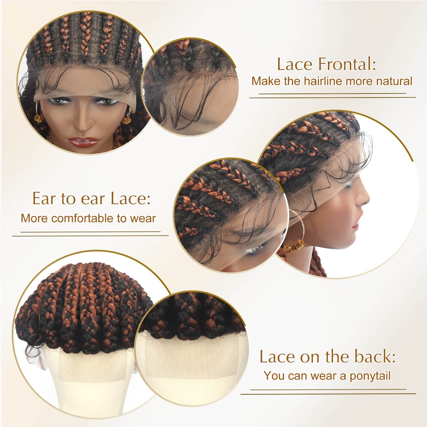 Alebery 36" Full Lace Braided Wigs for Black Women Jumbo Box Braids Lace Front Wig with Baby Hair Lightweight Synthetic Lace Frontal Black Cornrow Twisted Wigs (Brown Mixed Black)