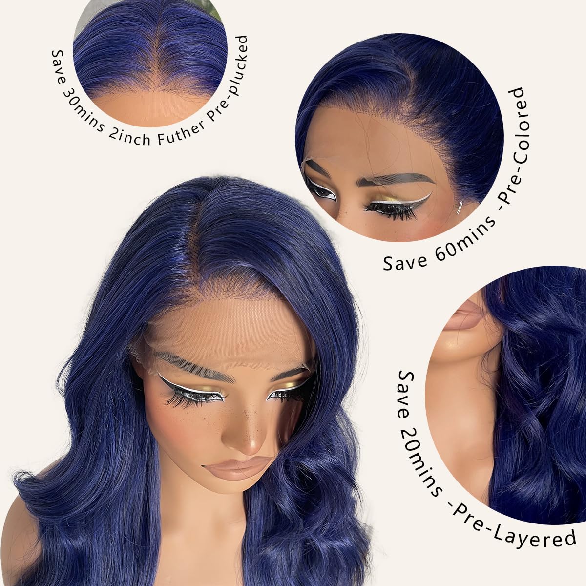 BlackSwern 13x6 HD Glueless Lace Frontal Wigs Pre-Plucked, 200 Density Dark Blue Similar Human Hair Synthetic Long Body Wave Lace Front Wig Ready to Wear, 26inch #Dark Blue
