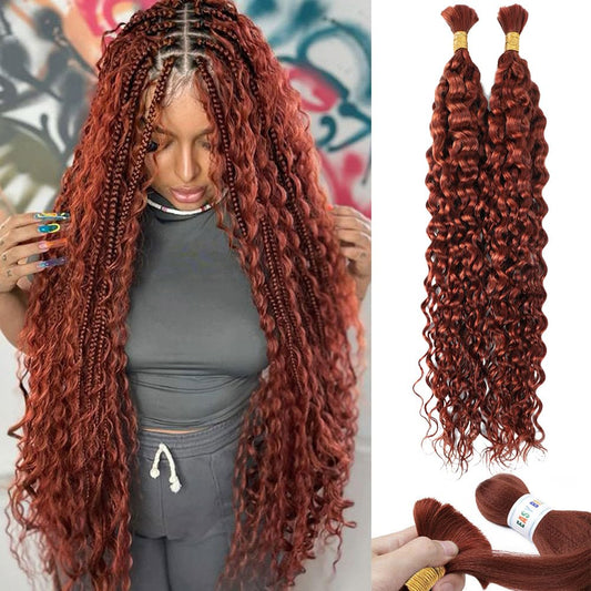 Dark Ginger Human Braiding Hair Water Wave Bulk 100g 24 Inch Color 350 Curly for Boho Braids Hair Extensions No Weft 2 Braids Per Pack Wet and Wavy