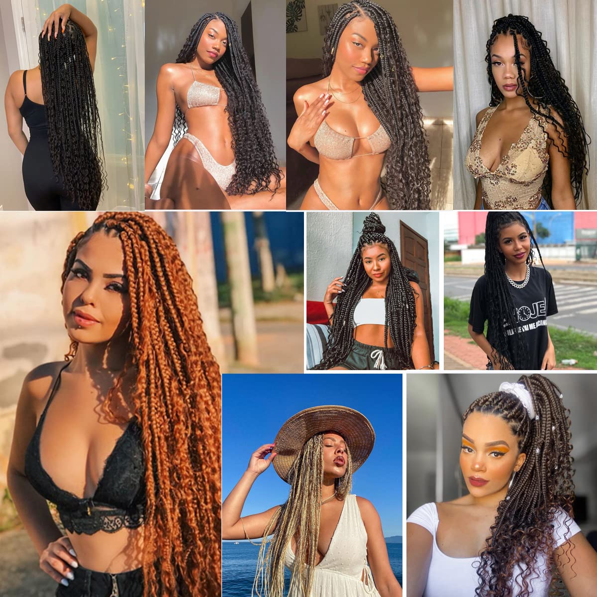 COOKOO 12 Inch Boho Box Braids Crochet Hair for Black Women 8 Pack Synthetic Pre Looped Bohemian Goddess Box Braids Crochet Hair Curly Ends Ombre Brown Braiding Hair 53#