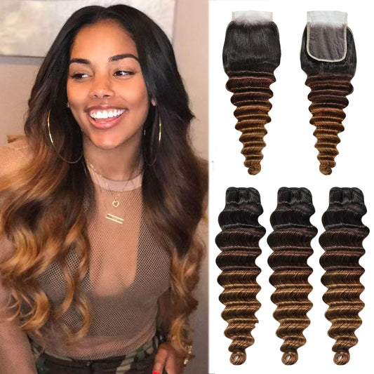 Beaushine T1B/2/4 Colored Bundles With Closure Human Hair Loose deep Wave Quick Weave Hair-20 22 24+20Inch Ombre Brazilian Loose Wave 3 Bundles Human Hair with hd Lace Closure Free Part Pre plucked