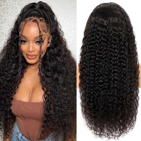 YIJUNDEMA 32 Inch 13x6 Deep Wave Wig Human Hair HD Lace Frontal Wig 200% Denisty Water Wave Lace Front Wigs Human Hair Pre Plucked Natural Black Deep Curly Lace Frontal Wig for Women