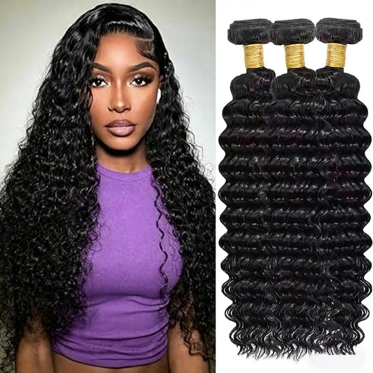 Deep Wave Human Hair Bundles 14 16 18 Inch Curly Bundles Human Hair 100% Unprocessed Brazilian Virgin Hair Bundles for Women Wet and Wavy Quick Weave Hair Bundle Hair Extensions Natural Black