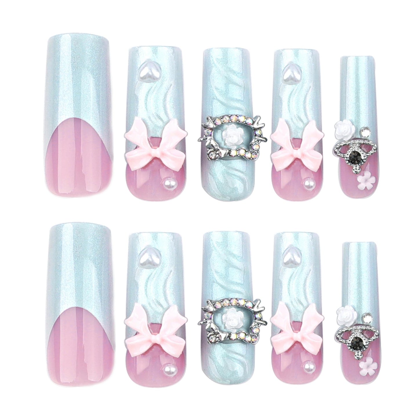 RTKHFZE Long Press on Nails Square Shape Fake Nails with 3D Swirl and Bow Design False Nails,French Tip Glue on Nails Gift for Holiday/Christmas Day/Daughter/Party/Valentine'S Day