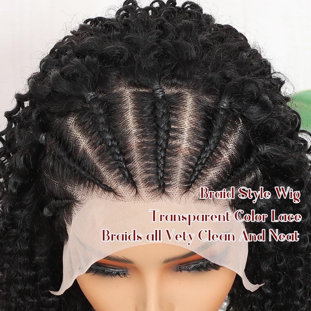 Kinky Curly Braided Wig Human Hair Natural Color Curly Wigs 13X4 Lace Front Wigs Brazilian Curly Wigs 16 Inches Transparent Color Braid Wig For Black Women Pre-Plucked with Baby Hair Glueless Wig