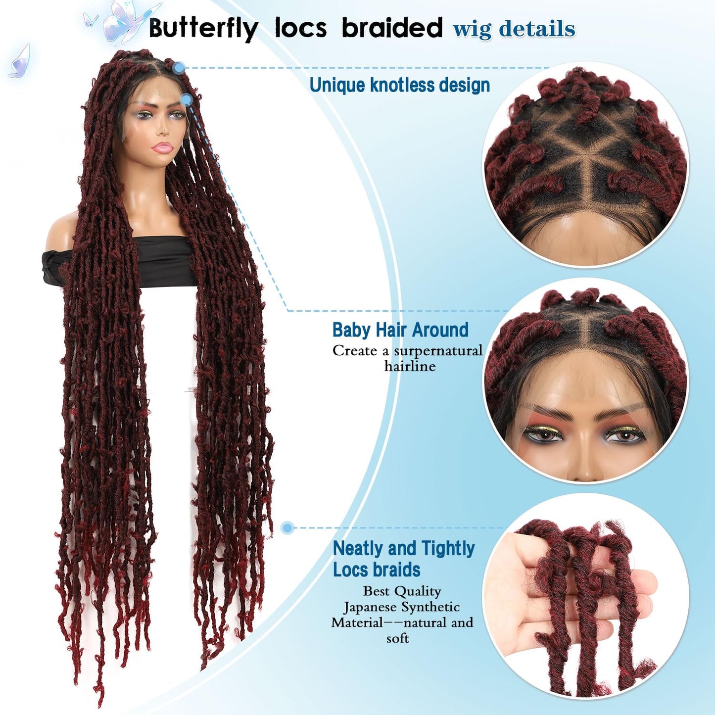 Olymei Locs Braided Wigs for Black Women Knotless Braided Wigs Locs Braid Wig with Baby Hair Full Double Lace Braided Wig Synthetic Burgundy Red Locs Braided Wig, 48 Inches Full Double Lace