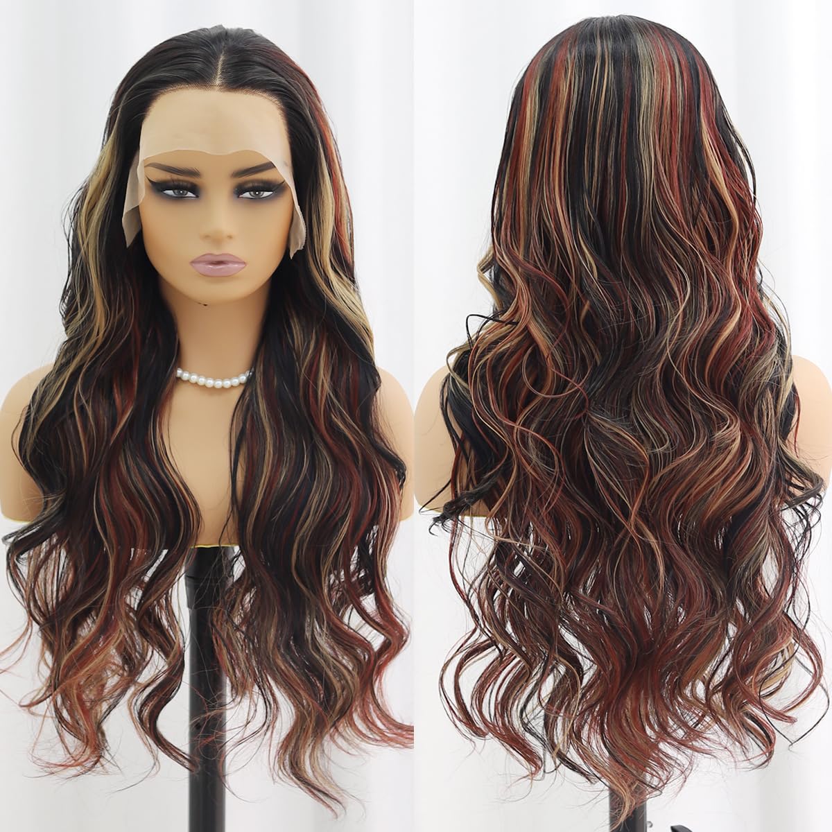 SISIFIRE Brown Highlight Lace Front Wigs for Women Pre-plucked Hairline Glueless 13X4 Inch Dark Burgundy Synthetic Lace Front Wig with Baby Hair Long Deep Body Wave Wigs