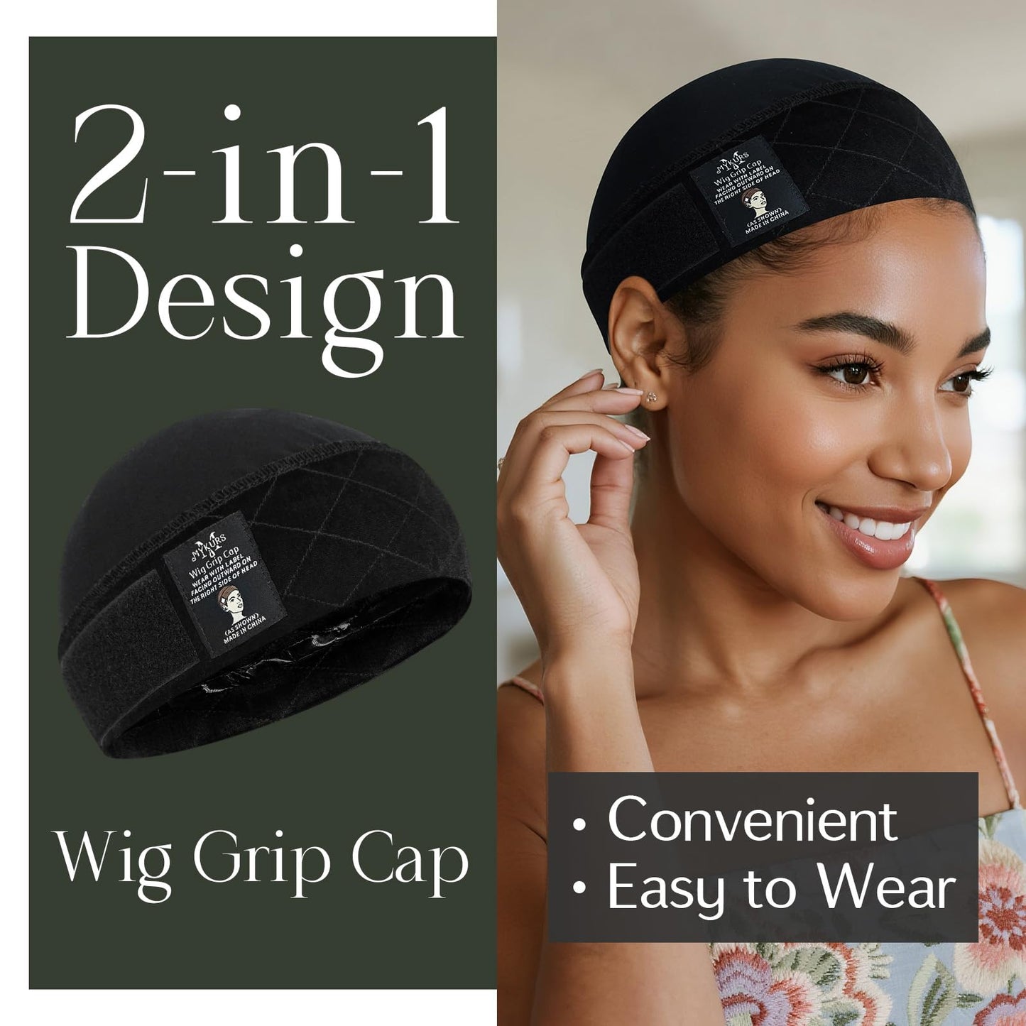 MYKURS Wig Caps with Grip Band to Hold Wig in Place, Soft Wig Caps for Women Non Slip, Black 2 PCS