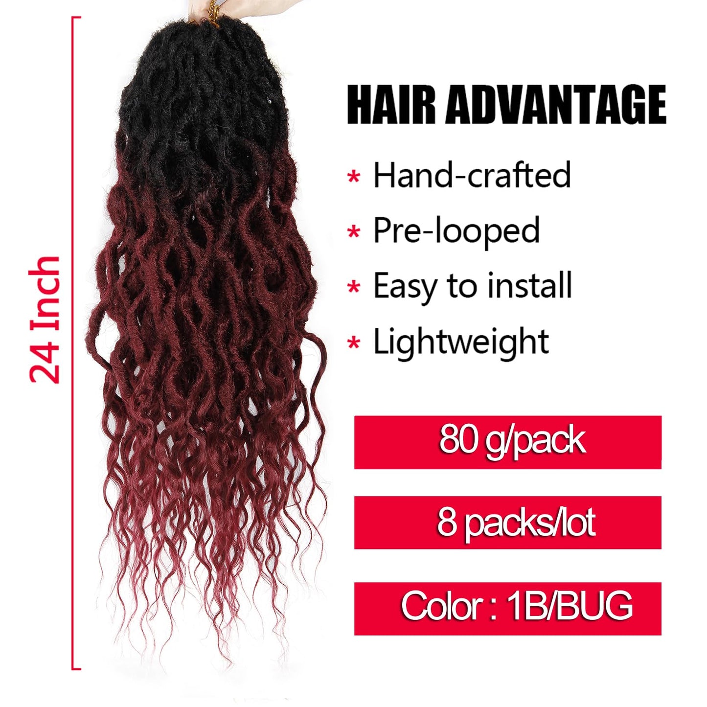 Faux Locs Crochet Hair 24Inch Crochet Locs, 8Packs Soft Locs With Curly Ends Boho Faux Locs Crochet Braids for Black Women (1B/BUG, 24(Pack of 8))