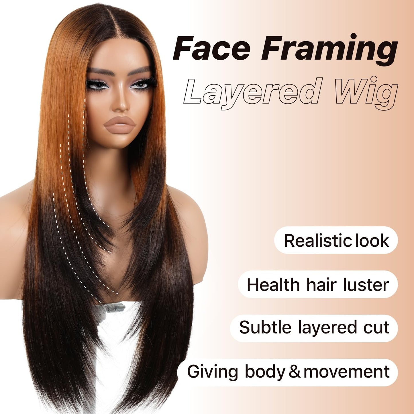 Brownbomb Ombre Orange Black Wear and Go Glueless Wigs Pre Plucked Pre Cut for Beginners Synthetic Lace Front Wigs With Bangs Long Straight layered Wigs HD Lace 26 Inch 3 Seconds to Wear for Beginners