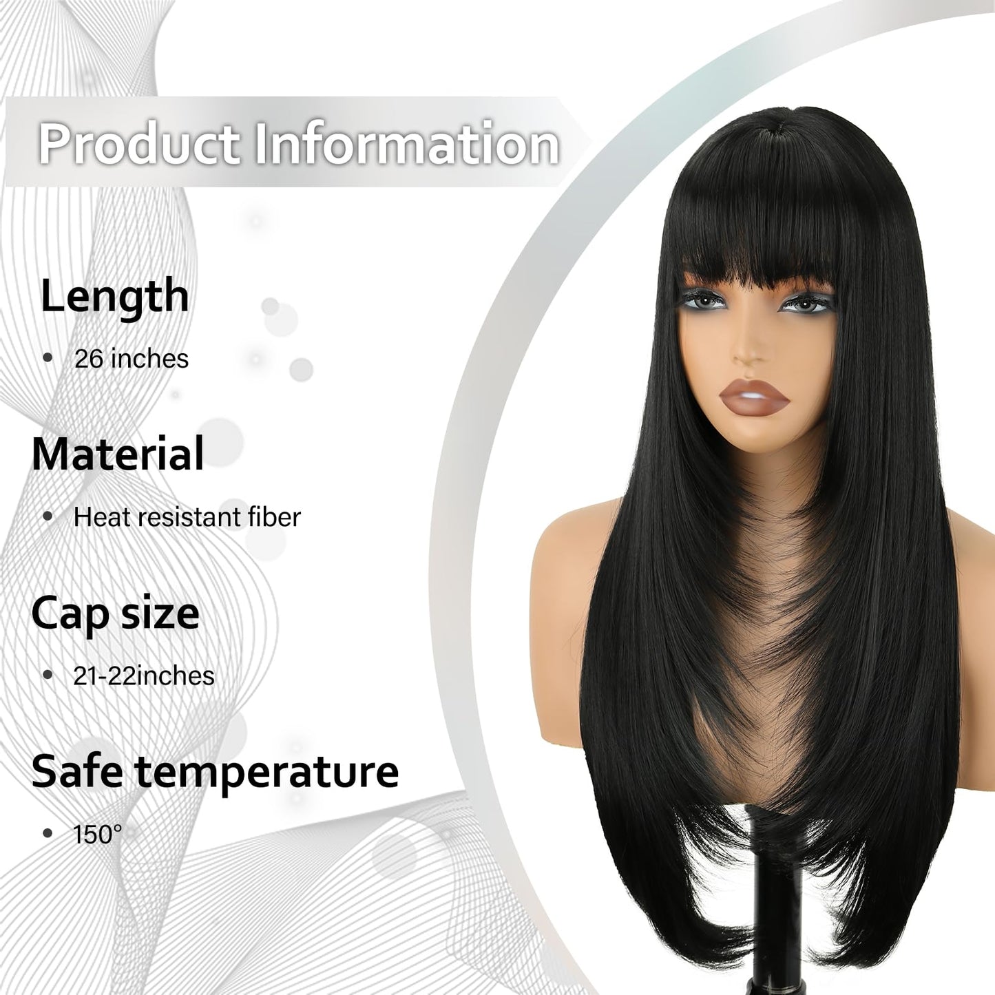 NOVFLKW Black Long Straight Layered Wig with Bangs for Women 26 inch Put on Go Realistic Synthetic Heat Resistant Natural Wig for Girls Party Cosplay and Daily Use