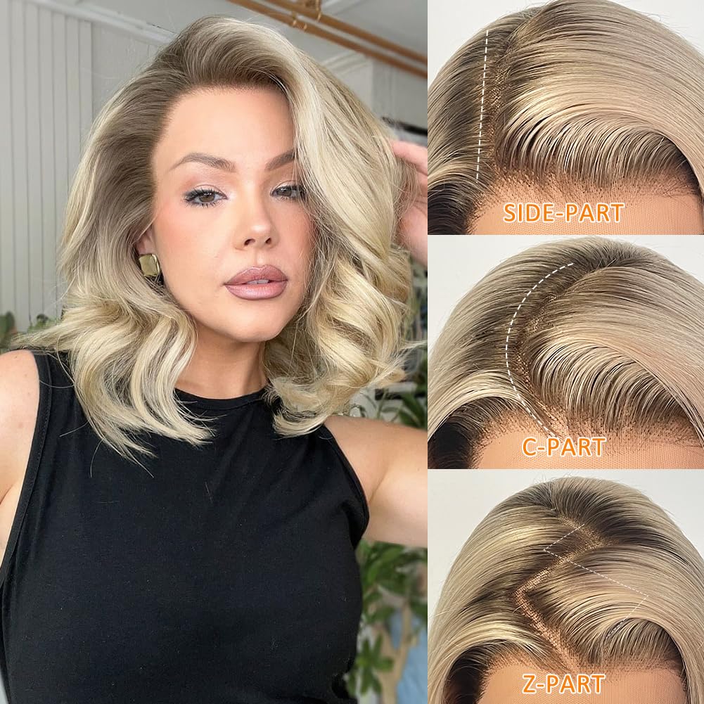 Ombre Ash Blonde Wigs Human Hair for Women 12A Real Human Hair Summer Wig Straight Short Blonde Bob Wig with Dark Roots Breathable Pre Cut Plucked 13x4 UHD Lace Front Wig for Daily Party 12In 180%