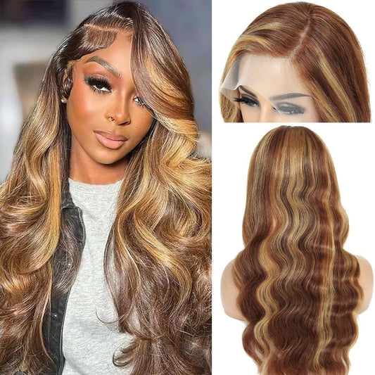 Highlight Ombre Lace Front Wig Human Hair Pre Plucked With Baby Hair 13x4 Body Wave Frontal Wigs Human Hair 200% Density 4/27 Colored Honey Blonde Lace Front Wig for Women 24 Inch