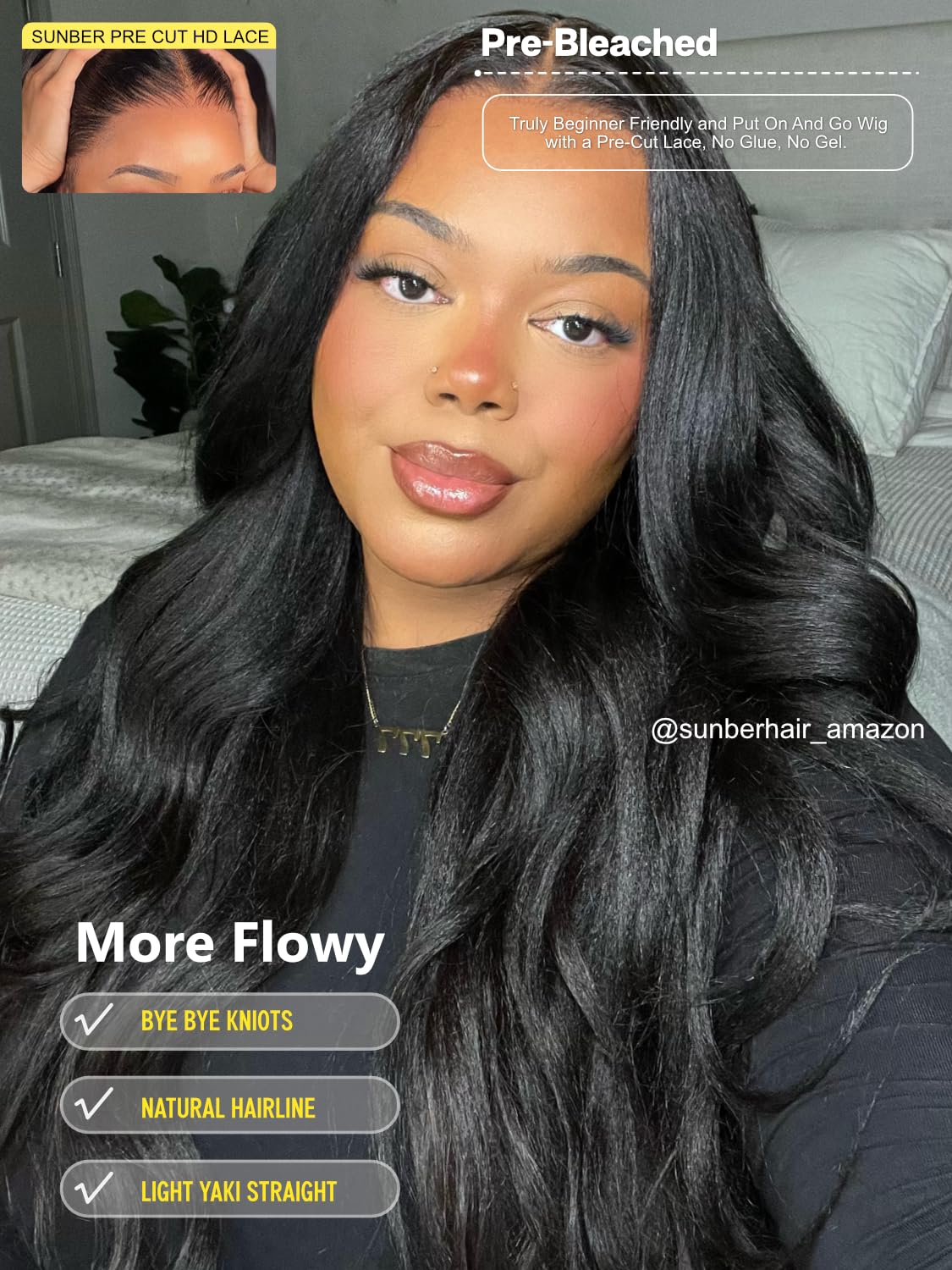 Sunber Yaki Straight Bye Bye Knots Pre Cut Lace 7x5 Lace Front Glueless Wig Put On Go Light Yaki Straight Human Hair Wig Pre Bleached Invisible Knots 150% Density with Baby Hair 20Inch for Beginner