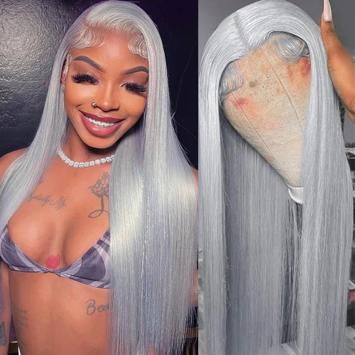 PANDA ANGEL Grey Human Hair Wig Straight Lace Front Wig Human Hair Glueless Wigs Pre plucked 13x4 Hd Full Lace Front Wig 180% Density Straight Lace Front Wig 32 Inch