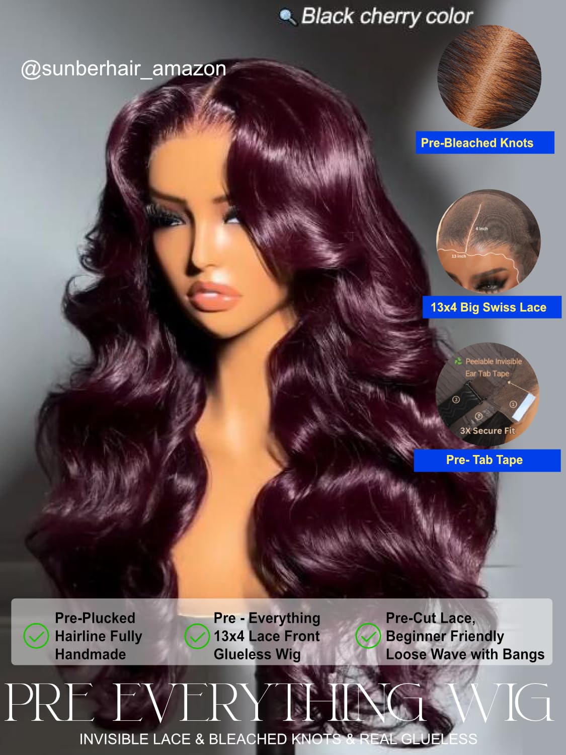 Sunber Purple Black Cherry Loose Body Wave With Drawstring Wig Bye Bye Knots 13x4 Pre-Everything Lace Frontal Glueless Wigs Pre Plucked Pre Bleached Knots 180% Density 16Inch 3S Put On and Go Wigs