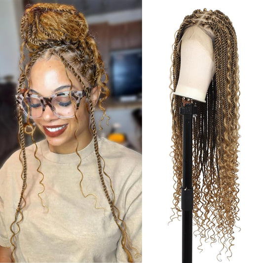 Olymei 360° HD Full Lace Braided Wigs for Women Knotless Boho Braided Wigs Twisted Braids Lace Wig with Baby Hair Premium Synthetic Braided Lace Front Wigs 36" Light Brown