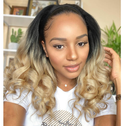 Quantum Love Yaki Curly Headband Wigs for Black Women Kinky Straight Ombre Blonde Headband Curly Ends Synthetic Wear and Go Glueless half Wig with Headbands Attached