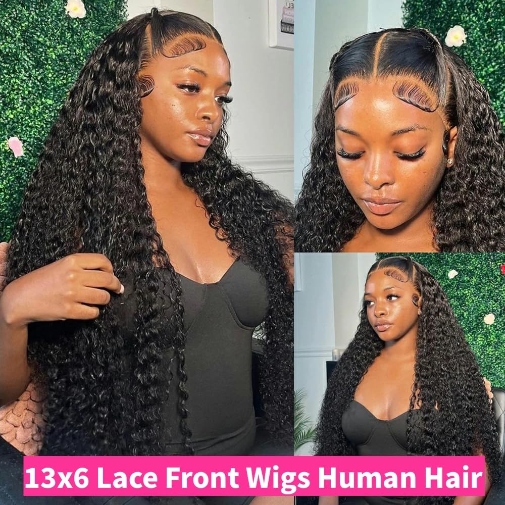 JTMMP Bob Wig Human Hair 13x6 Deep Wave Lace Front Wigs Human Hair 200% Density 14 Inch Curly Human Hair Wig for Women Natural Black HD Transparent Lace Glueless Frontal Wigs Human Hair Pre Plucked