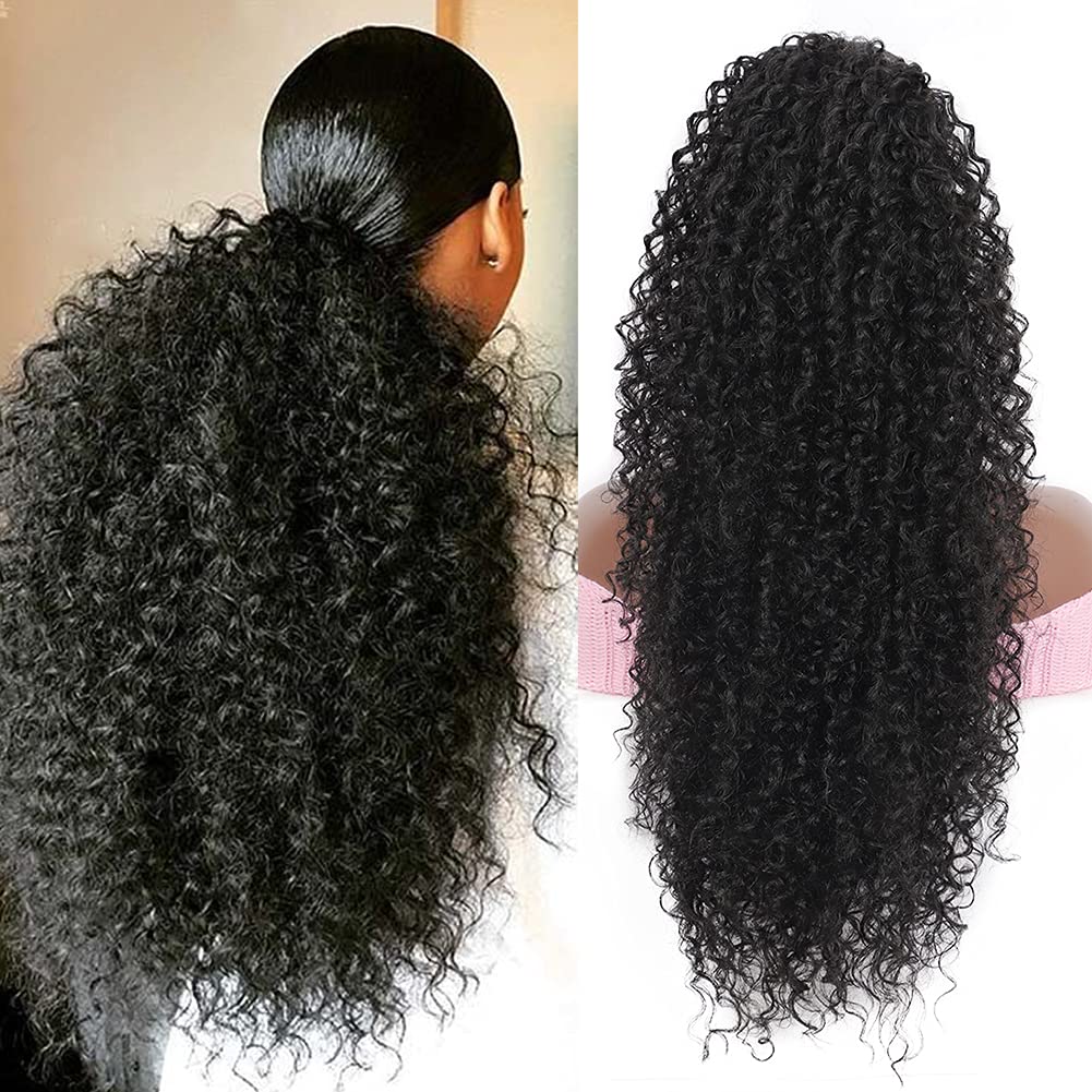 Youthfee 27” Drawstring Ponytail Deep Curly Heat Resistant Instant Clip Ponytail Extension Protective Style Afro Kinky Curly Hair Pieces for Women