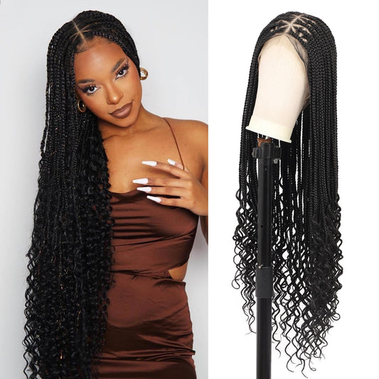 Lexqui 36" 360° HD Full Lace Braided Wigs for Women Box Braid Wig with Boho Curly End Triangle Knotless Braided Wigs with Baby Hair Handmade Synthetic Hair Braided Lace Front Wig Black