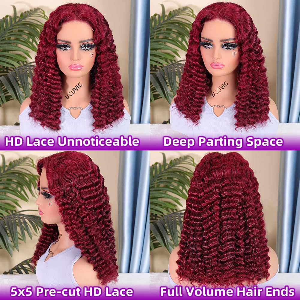 UCUVIC Wear And Go Glueless Wigs Human Hair Pre Plucked Pre Cut 5x5 Deep Wave Curly Bob Wig Human Hair Lace Front Closure Wigs For Black Women 200Density Wig Glueless Wear And Go Burgundy 16 Inch