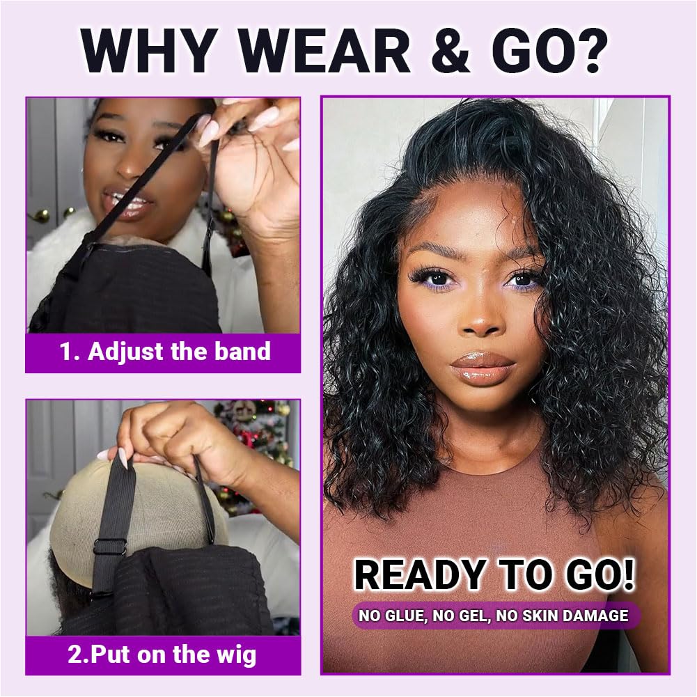 UCUVIC Wear And Go Glueless Wigs Human Hair Pre Plucked Pre Cut 5x5 Water Wave Bob Wig Human Hair Lace Front Closure Wigs For Black Women 200 Density Curly Wig Glueless Wear And Go Black 16 Inch