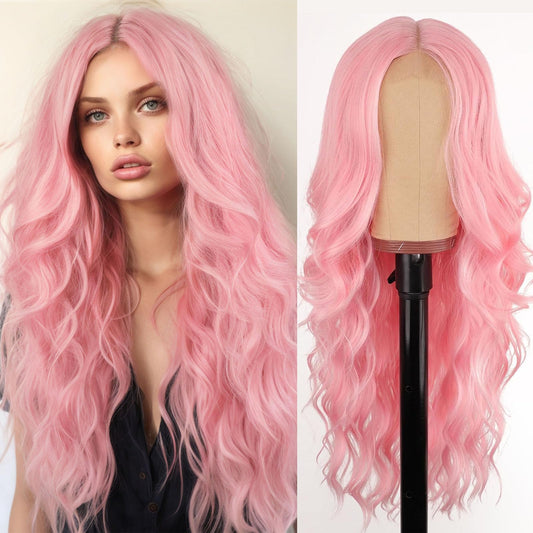 AISI HAIR Pink Wig for Women, Long Wavy Lace Hairline Middle Part Synthetic Wig for Daily Party-26 Inch