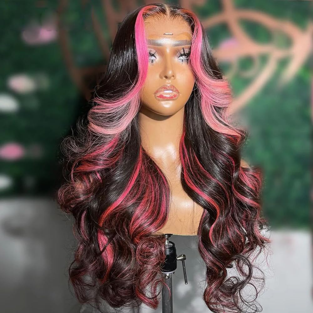 SISIFIRE Pink Highlight Lace Front Wigs for Women Pre-plucked Hairline Glueless 13X4 Inch Synthetic Lace Front Wig with Baby Hair Long Loose Body Wave Wigs