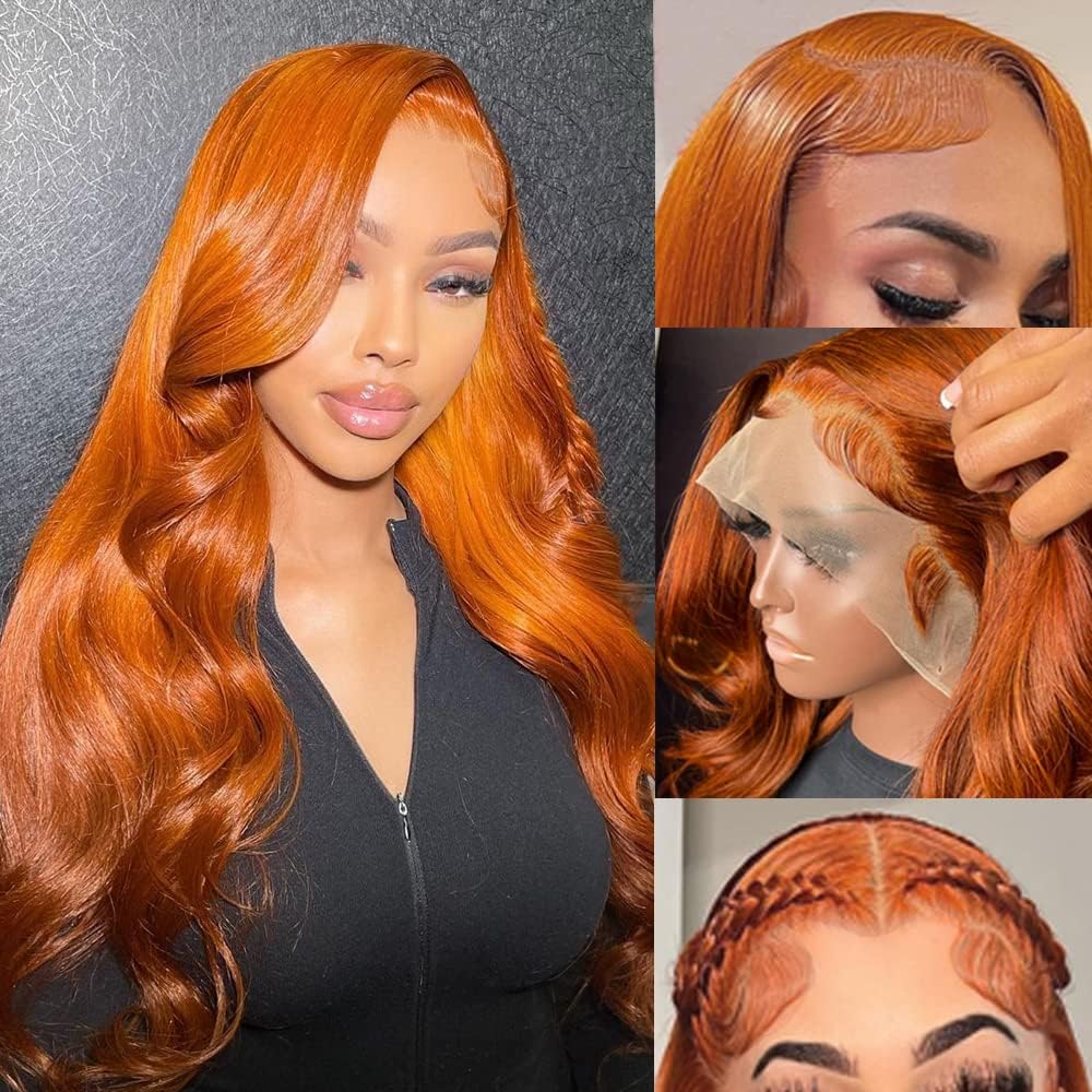 QZOQZO Ginger Lace Front Wigs Human Hair Body Wave 13x4 Transparent HD Lace Frontal Wigs Pre Plucked with Baby Hair for Black Women Human Hair Glueless Colored Wigs 30 inch