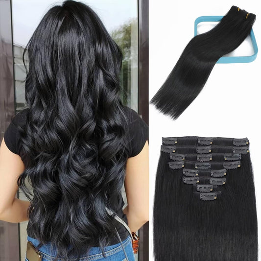 LORIEN Clip in Hair Extensions Real Human Hair, 22 Inch 110g, 1 Jet Black, Clip in 100% Brazilian Remy Human Hair Extensions 8pcs Per Set with 18 Clips Double Weft